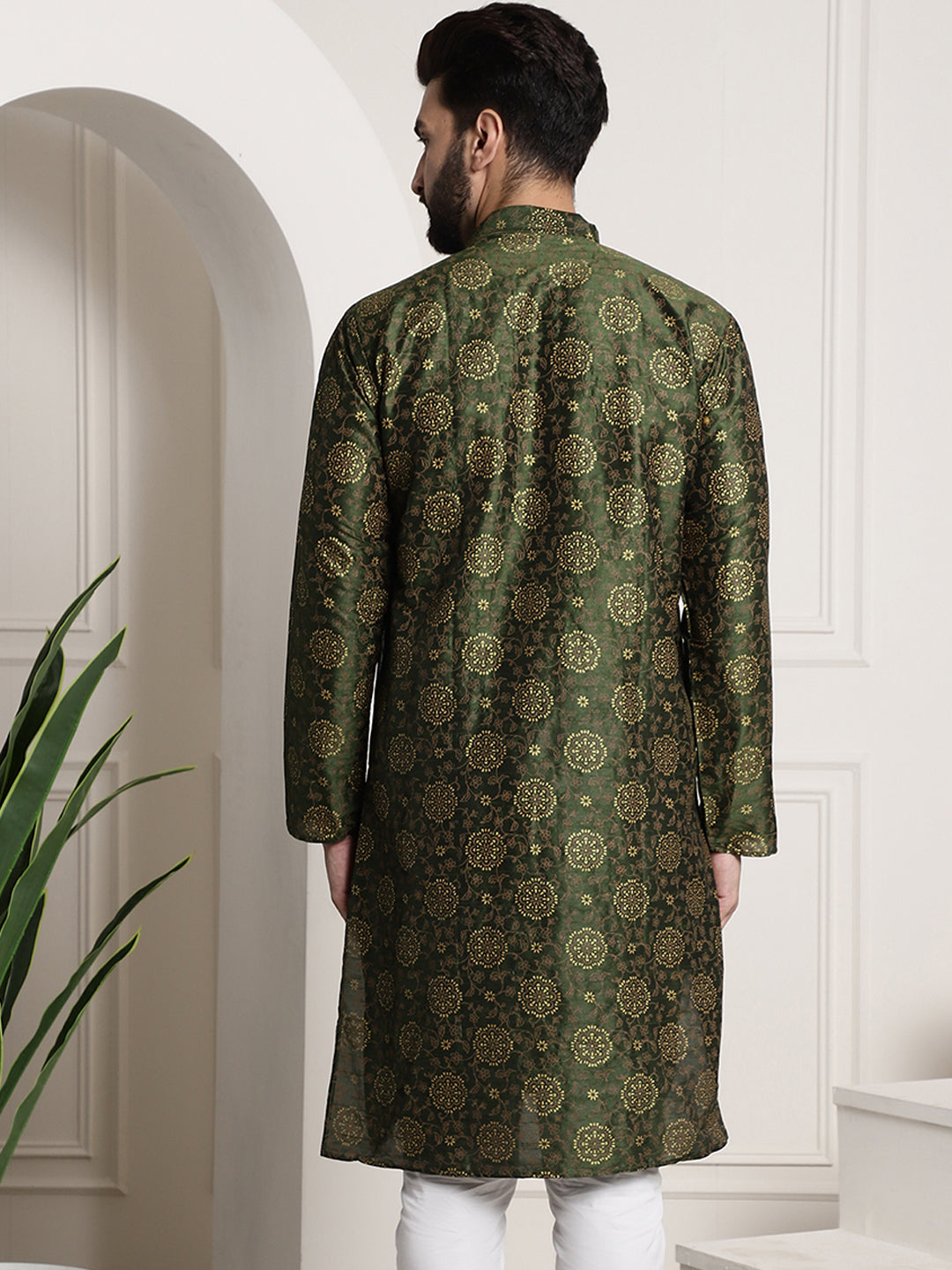 Men's Silk Blend Dark Green Printed Long Kurta