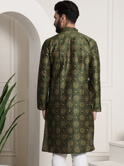 Men's Silk Blend Dark Green Printed Long Kurta