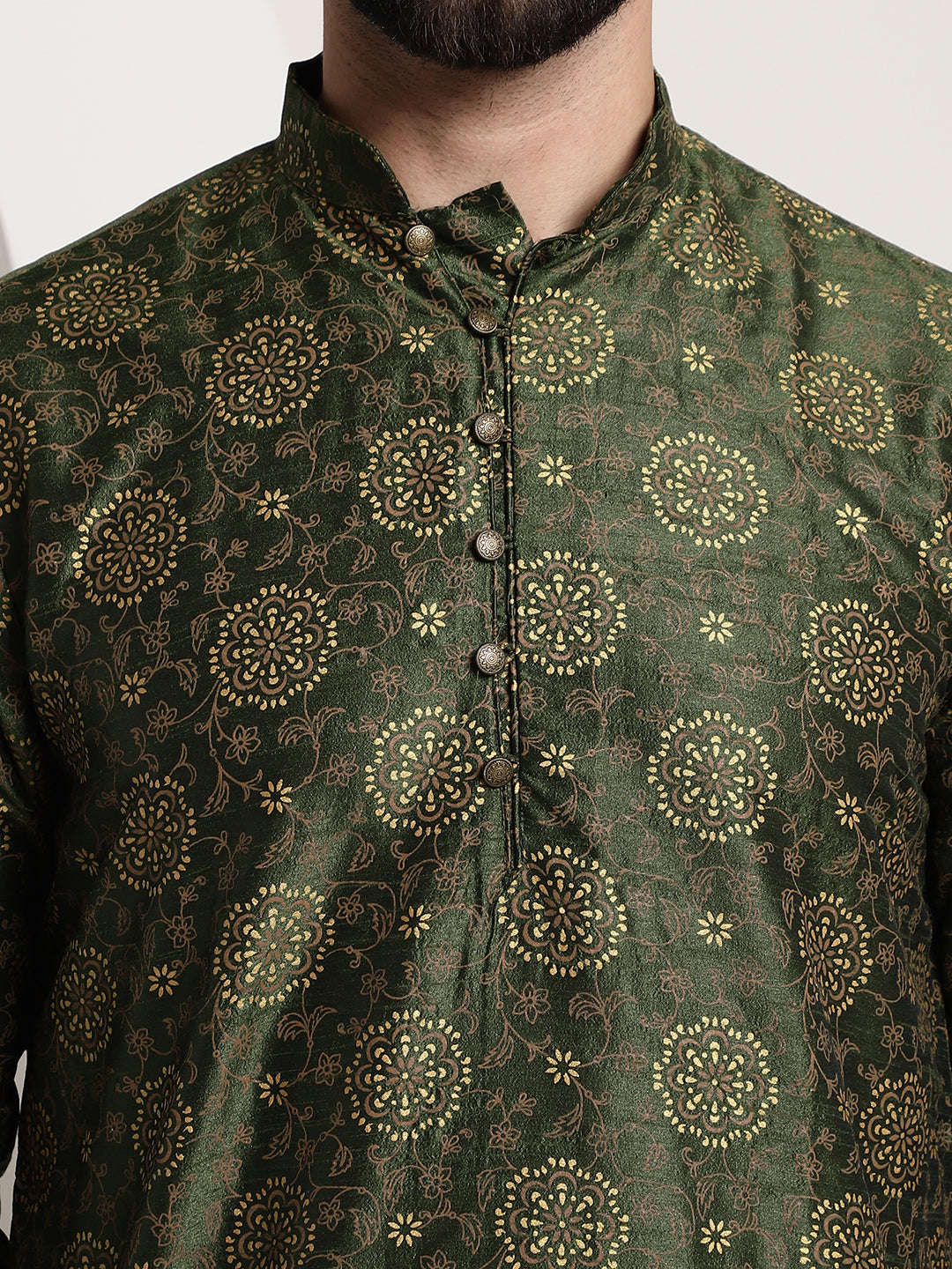 Men's Silk Blend Dark Green Printed Long Kurta