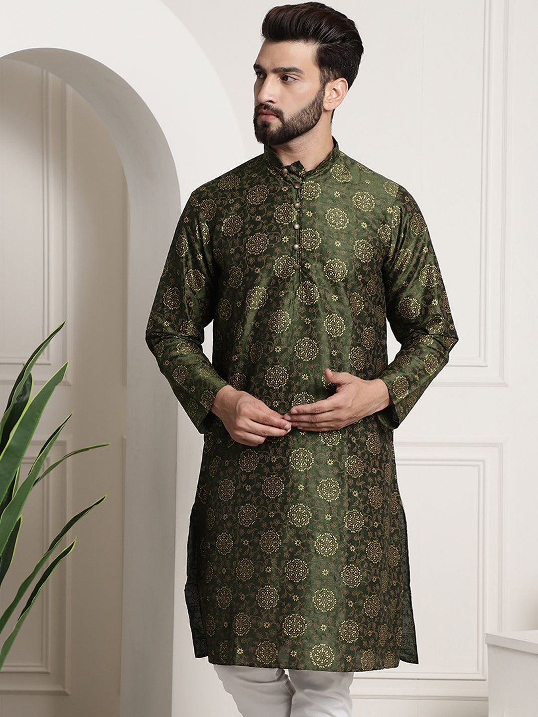 Men's Silk Blend Dark Green Printed Long Kurta