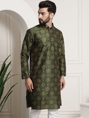 Men's Silk Blend Dark Green Printed Long Kurta