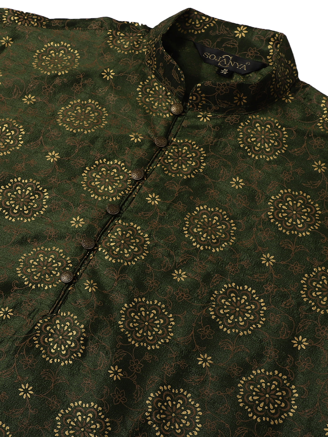 Men's Silk Blend Dark Green Printed Long Kurta