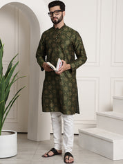 Men's Silk Blend Dark Green Printed Kurta and White Churidar Pyjama Set