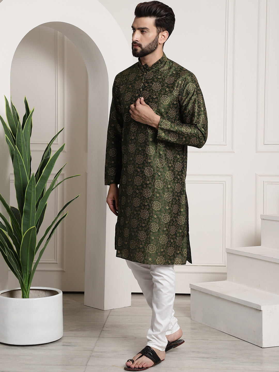 Men's Silk Blend Dark Green Printed Kurta and White Churidar Pyjama Set