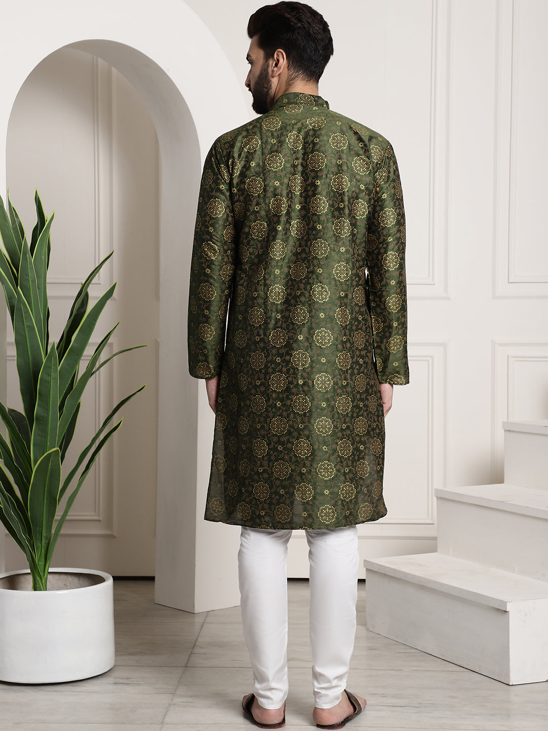 Men's Silk Blend Dark Green Printed Kurta and White Churidar Pyjama Set