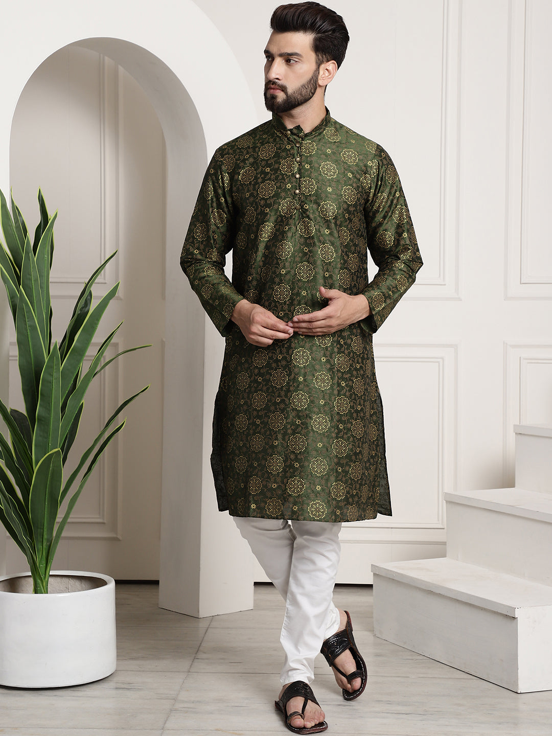 Men's Silk Blend Dark Green Printed Kurta and White Churidar Pyjama Set