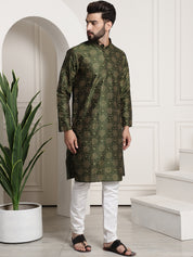 Men's Silk Blend Dark Green Printed Kurta and White Churidar Pyjama Set