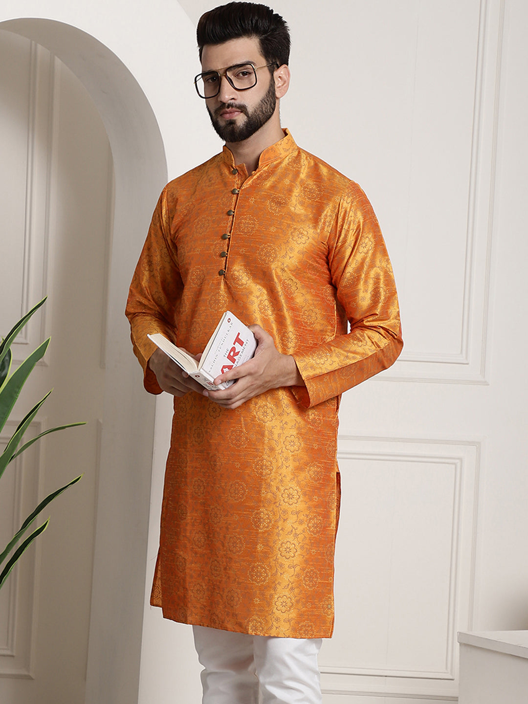 Men's Silk Blend Orange Printed Long Kurta