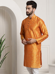 Men's Silk Blend Orange Printed Long Kurta