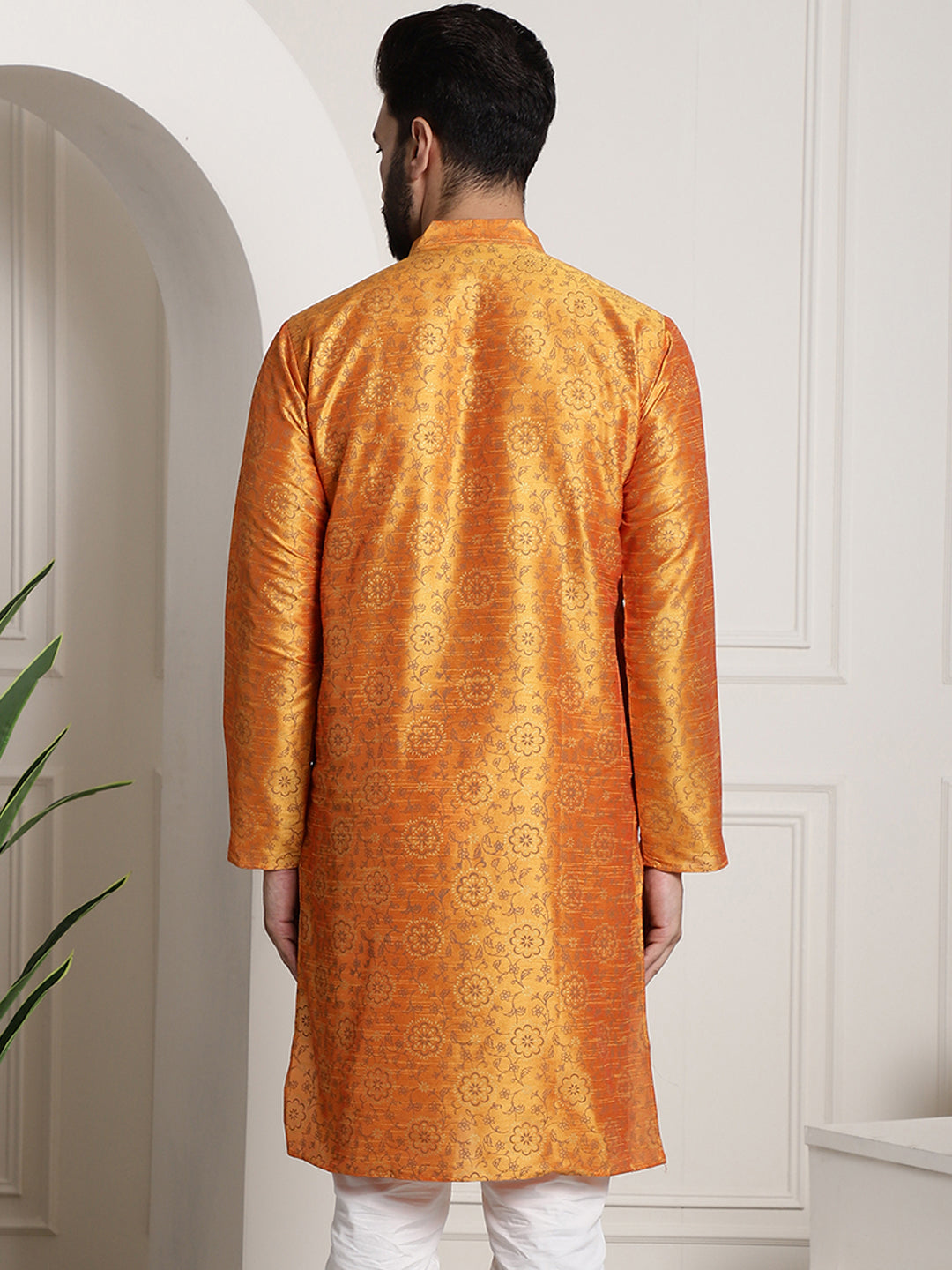 Men's Silk Blend Orange Printed Long Kurta