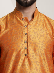 Men's Silk Blend Orange Printed Long Kurta