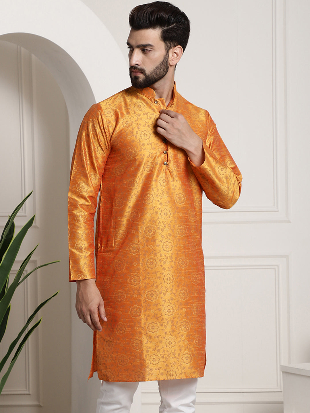 Men's Silk Blend Orange Printed Long Kurta