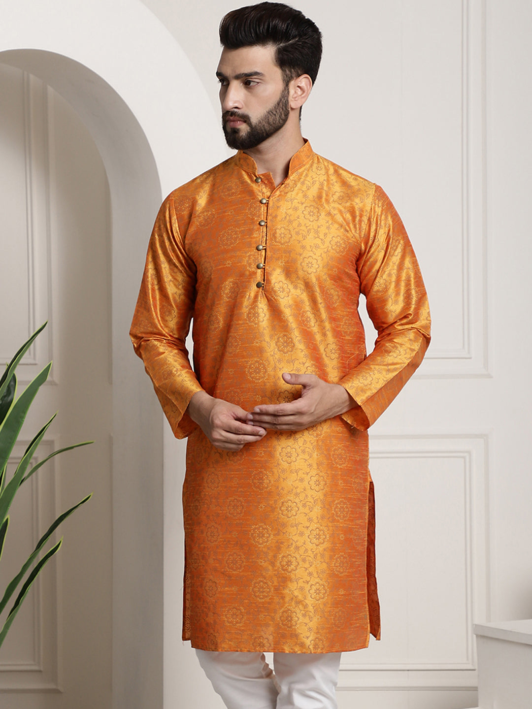 Men's Silk Blend Orange Printed Long Kurta