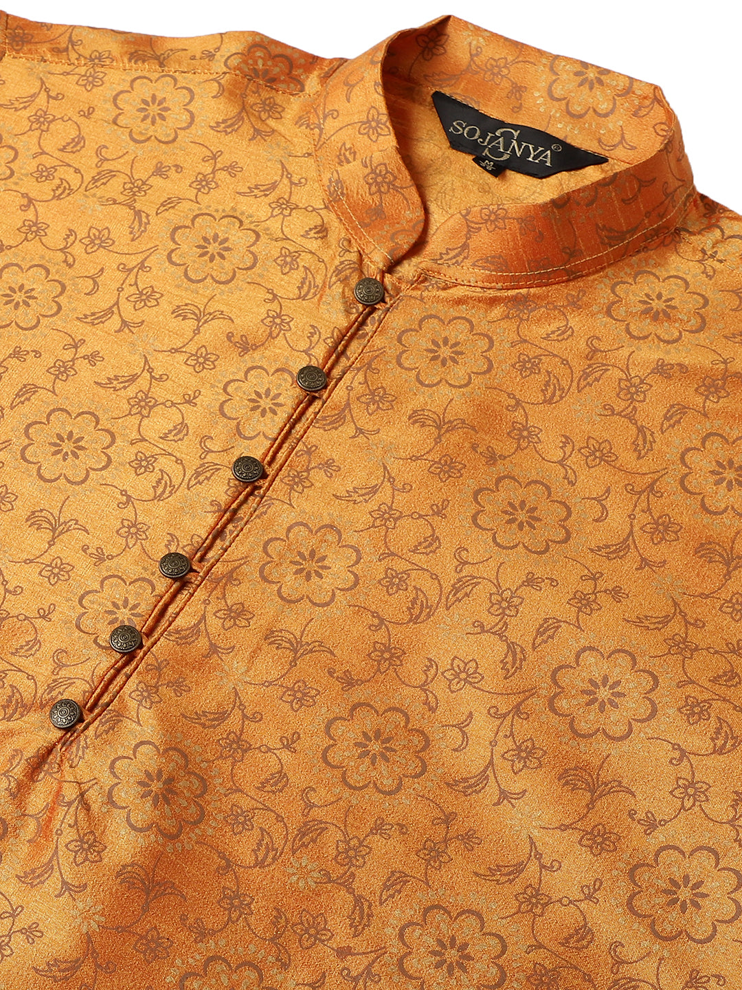 Men's Silk Blend Orange Printed Long Kurta