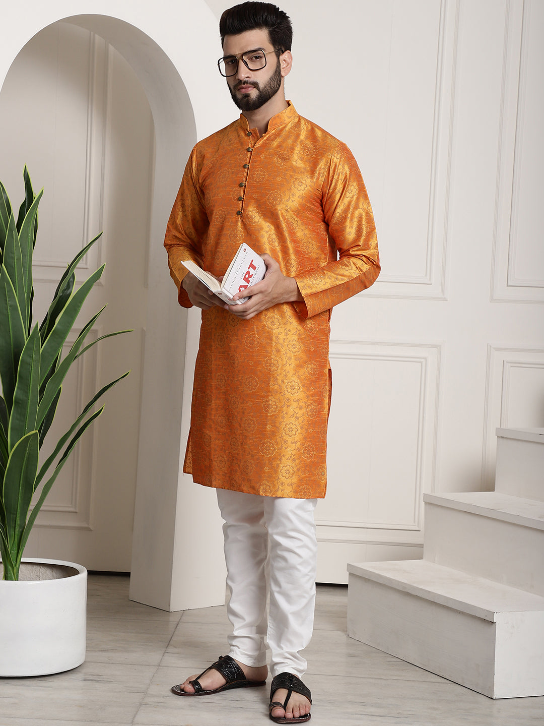 Men's Silk Blend Orange Printed Kurta and White Churidar Pyjama Set