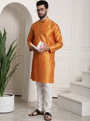 Men's Silk Blend Orange Printed Kurta and White Churidar Pyjama Set