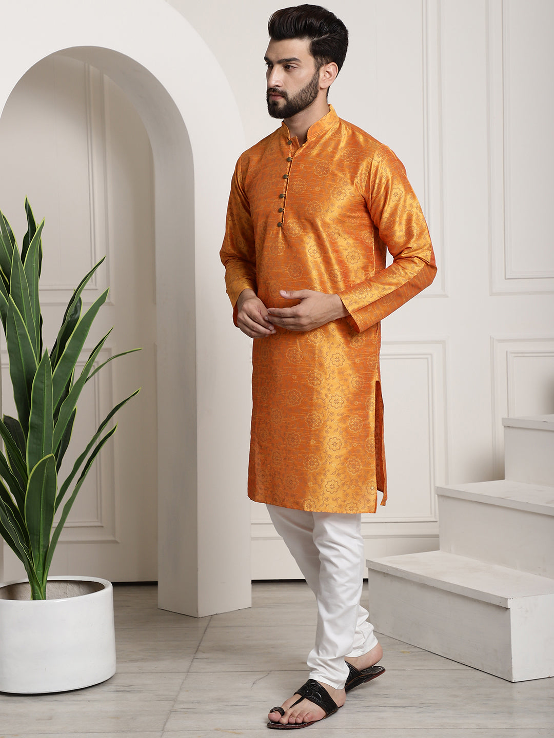 Men's Silk Blend Orange Printed Kurta and White Churidar Pyjama Set