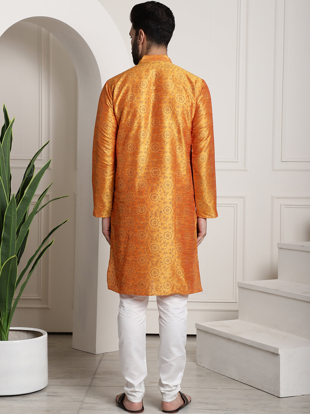 Men's Silk Blend Orange Printed Kurta and White Churidar Pyjama Set