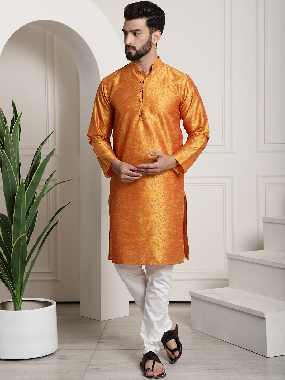 Men's Silk Blend Orange Printed Kurta and White Churidar Pyjama Set