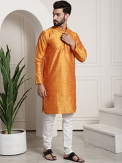 Men's Silk Blend Orange Printed Kurta and White Churidar Pyjama Set