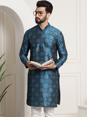 Men's Silk Blend Peacock Blue Printed Long Kurta