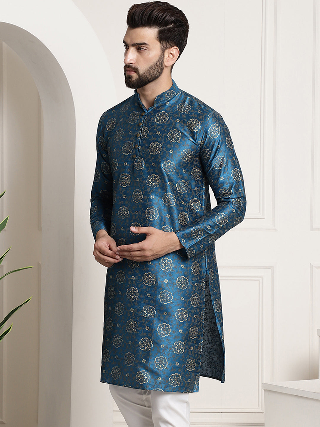 Men's Silk Blend Peacock Blue Printed Long Kurta