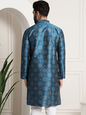 Men's Silk Blend Peacock Blue Printed Long Kurta