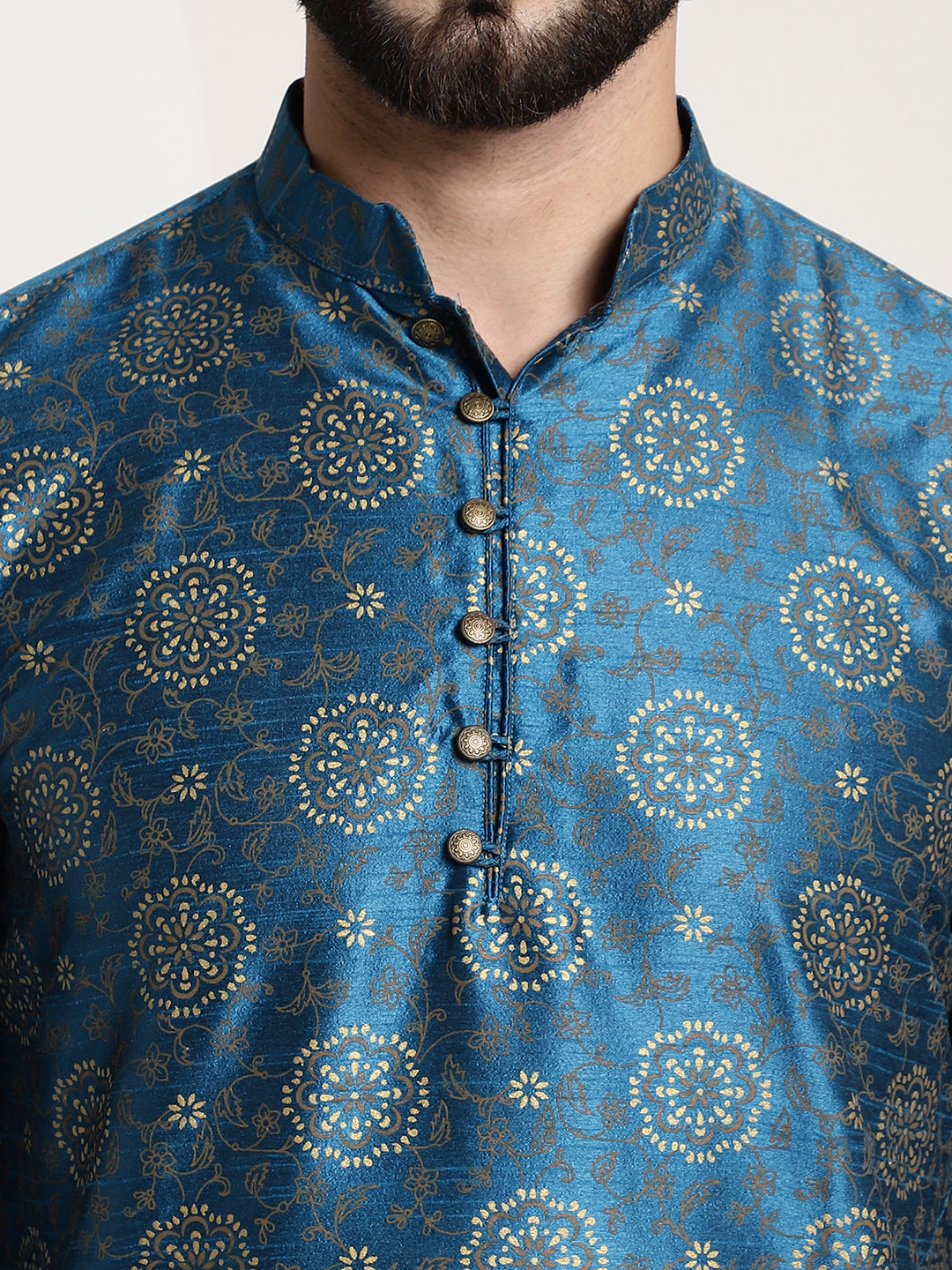 Men's Silk Blend Peacock Blue Printed Long Kurta