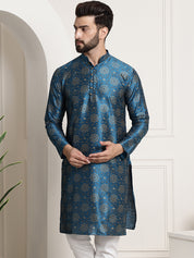 Men's Silk Blend Peacock Blue Printed Long Kurta