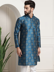 Men's Silk Blend Peacock Blue Printed Long Kurta