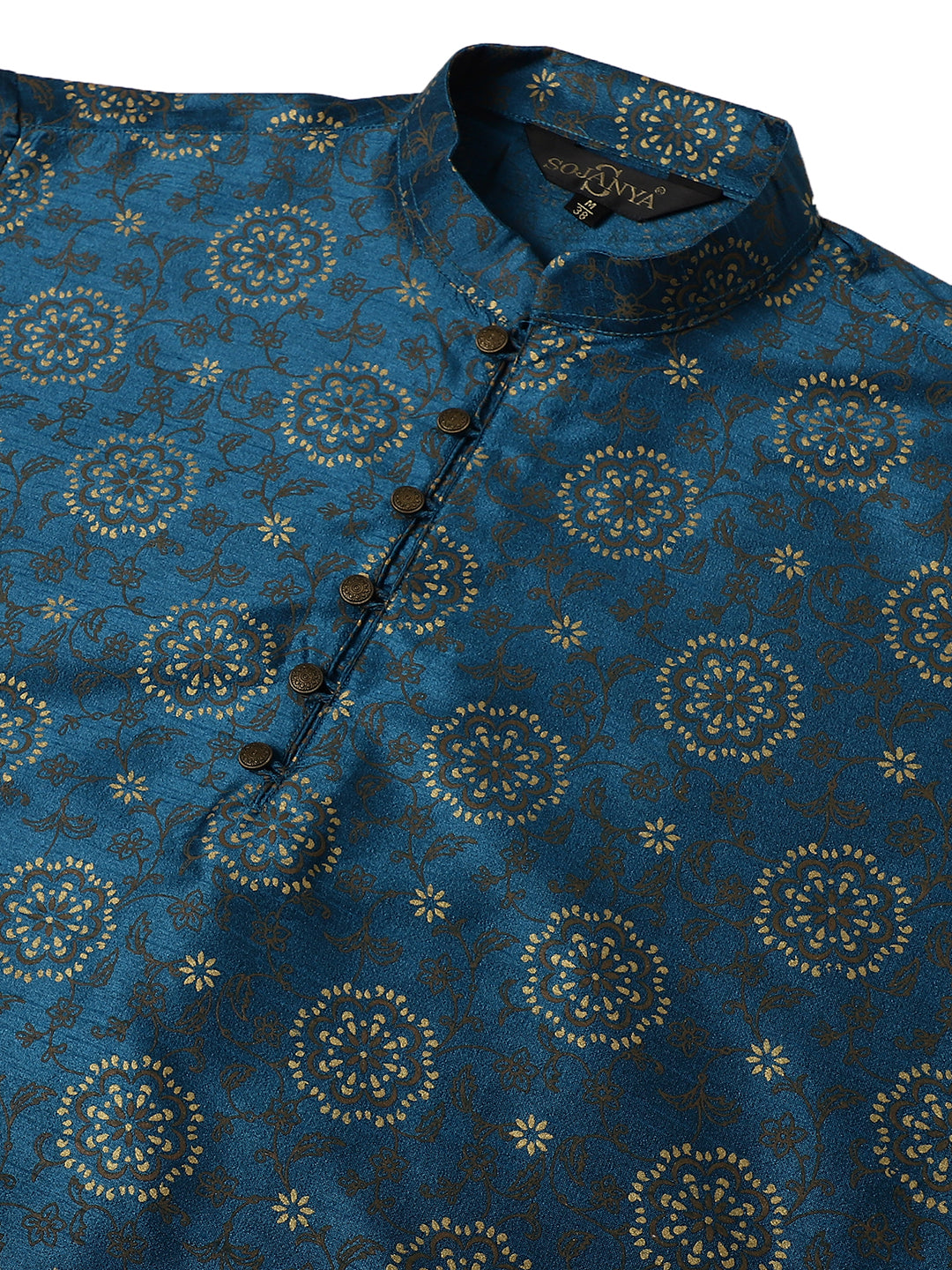 Men's Silk Blend Peacock Blue Printed Long Kurta