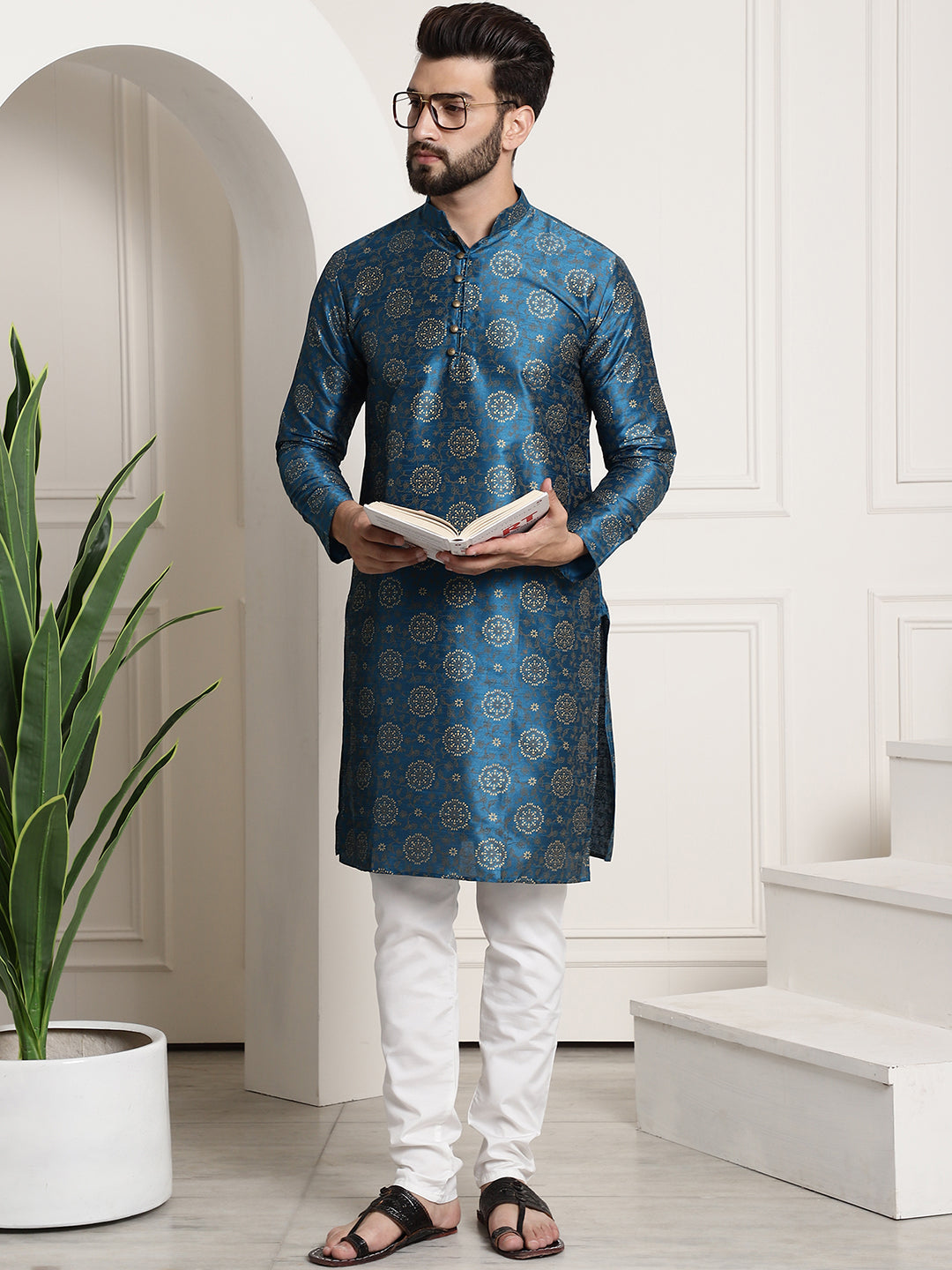 Men's Silk Blend Peacock Blue printed Kurta and White Churidar Pyjama Set