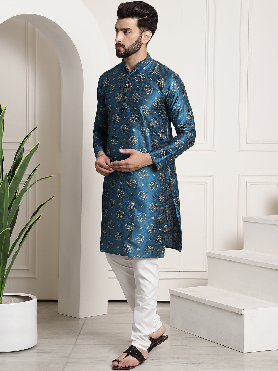 Men's Silk Blend Peacock Blue printed Kurta and White Churidar Pyjama Set