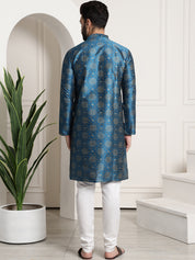 Men's Silk Blend Peacock Blue printed Kurta and White Churidar Pyjama Set