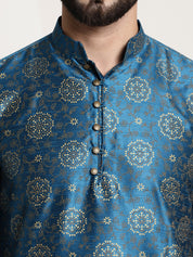 Men's Silk Blend Peacock Blue printed Kurta and White Churidar Pyjama Set