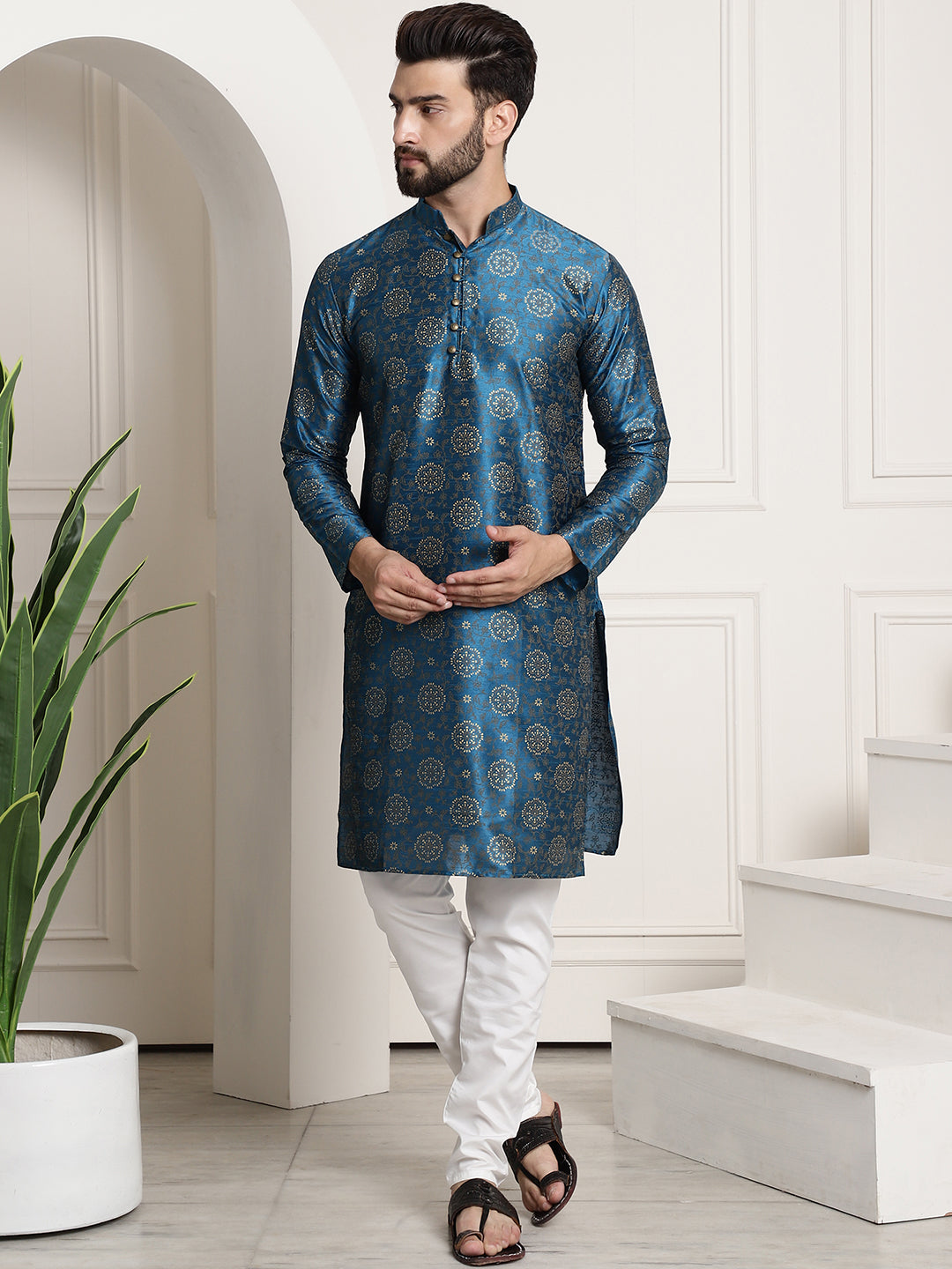 Men's Silk Blend Peacock Blue printed Kurta and White Churidar Pyjama Set