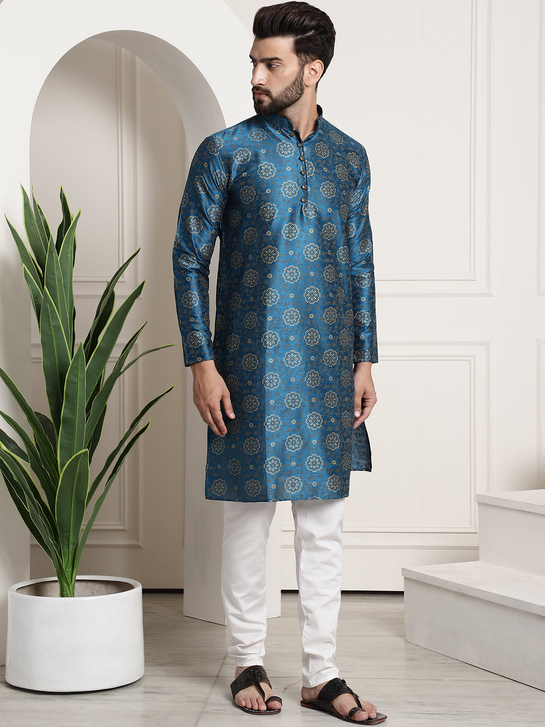 Men's Silk Blend Peacock Blue printed Kurta and White Churidar Pyjama Set