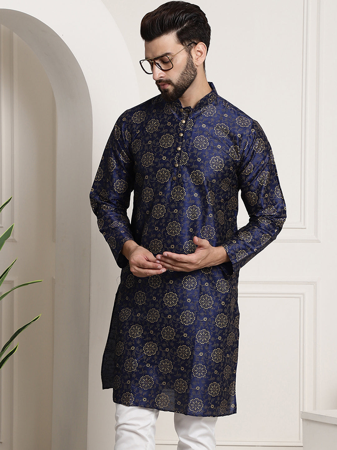 Men's Silk Blend Navy Blue Printed Long Kurta