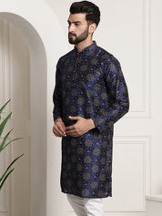 Men's Silk Blend Navy Blue Printed Long Kurta