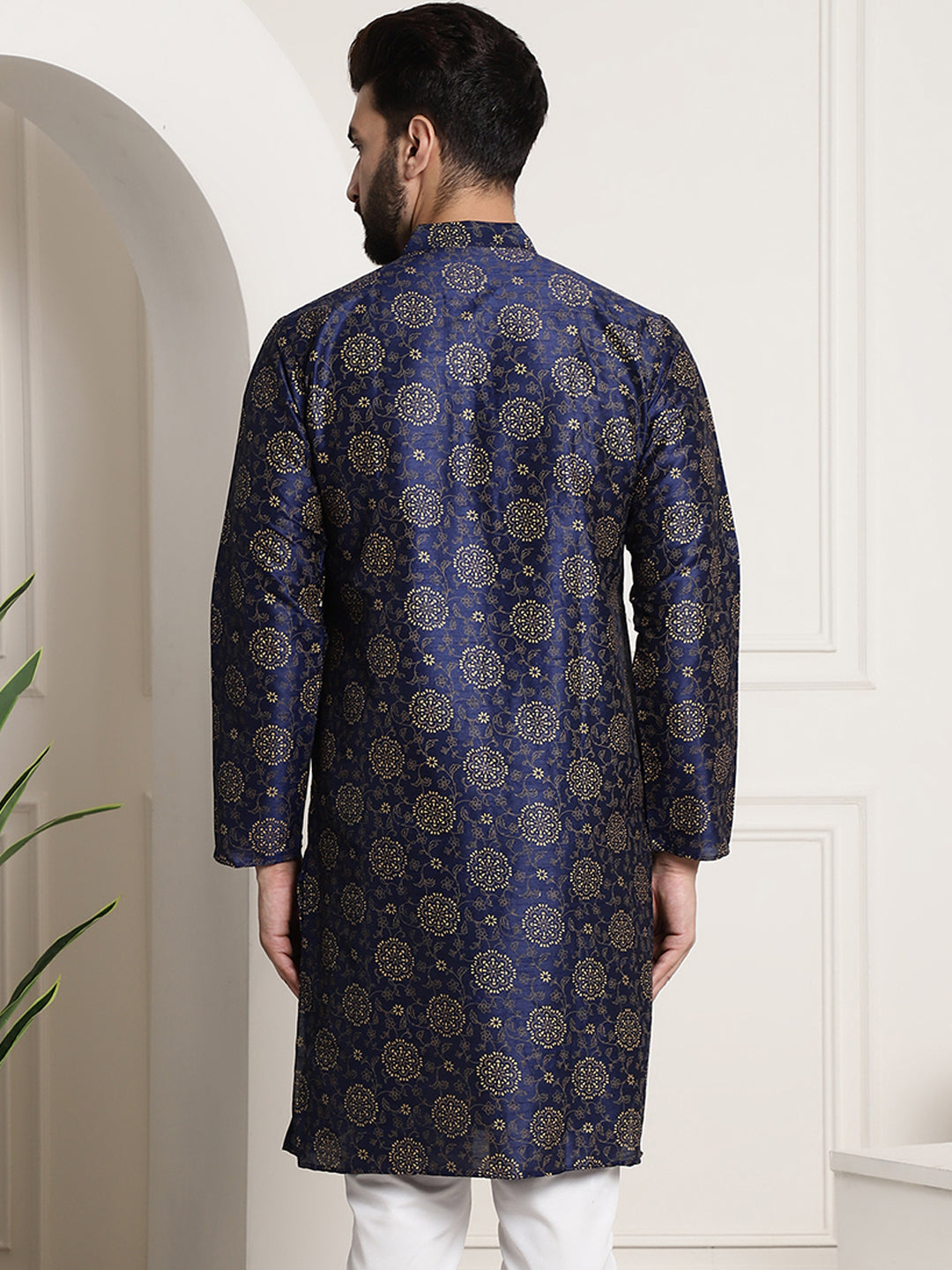 Men's Silk Blend Navy Blue Printed Long Kurta