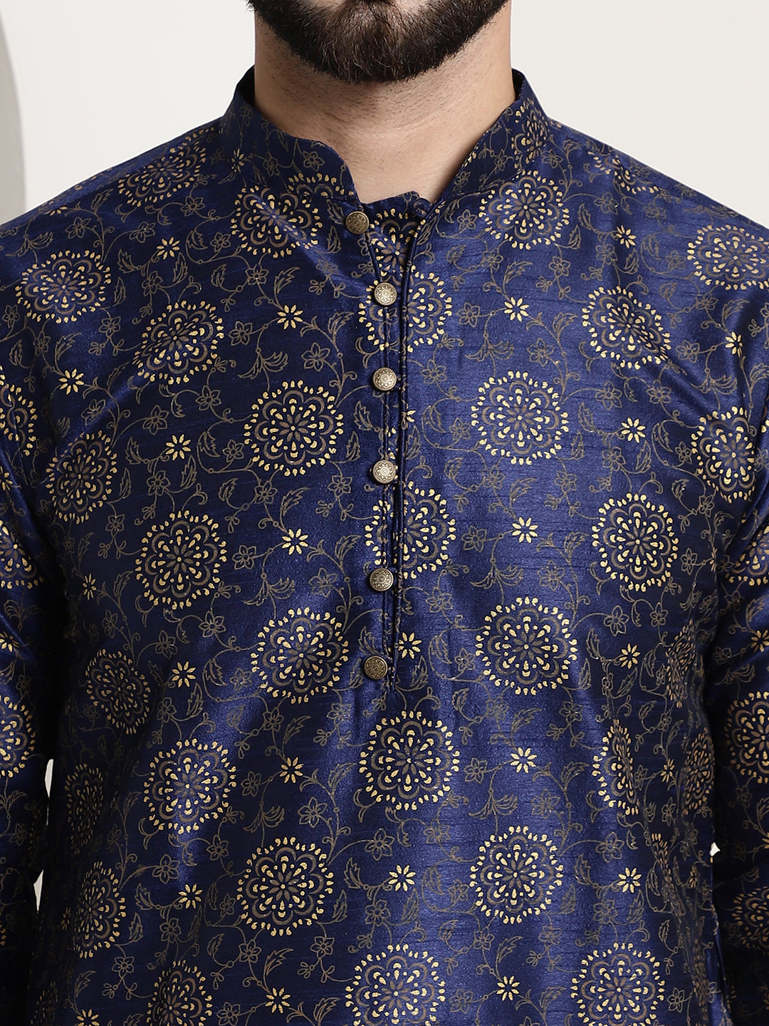 Men's Silk Blend Navy Blue Printed Long Kurta