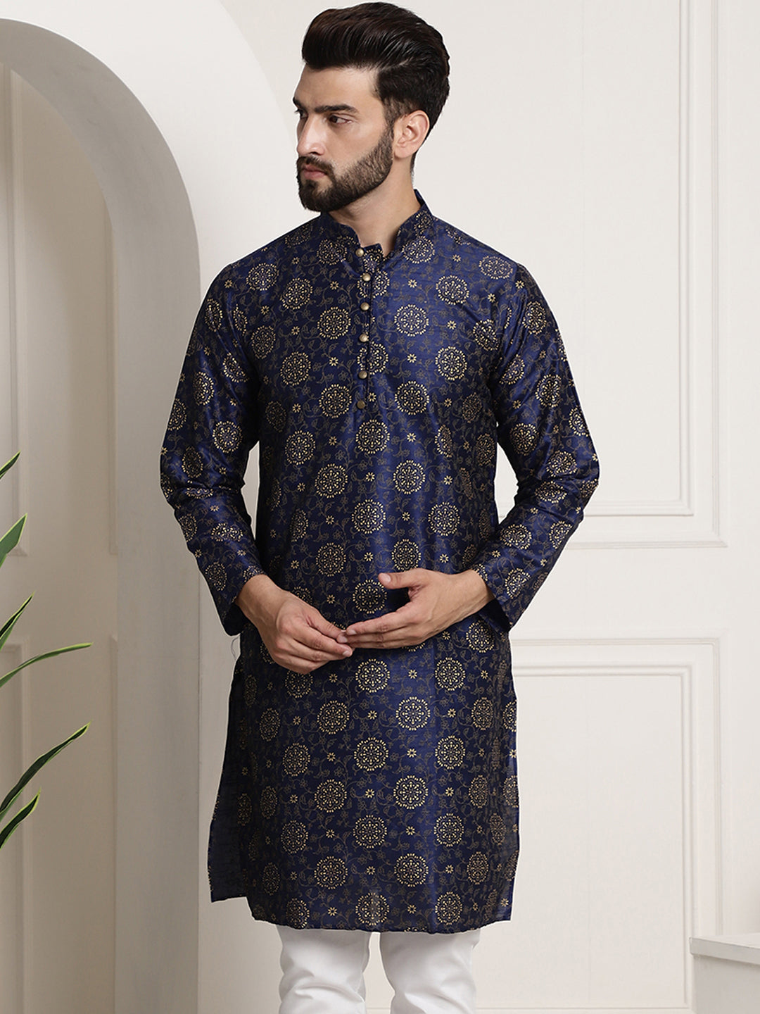 Men's Silk Blend Navy Blue Printed Long Kurta