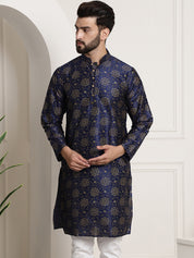 Men's Silk Blend Navy Blue Printed Long Kurta