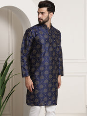 Men's Silk Blend Navy Blue Printed Long Kurta