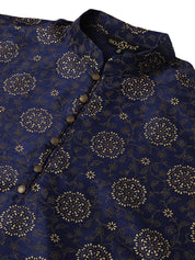 Men's Silk Blend Navy Blue Printed Long Kurta