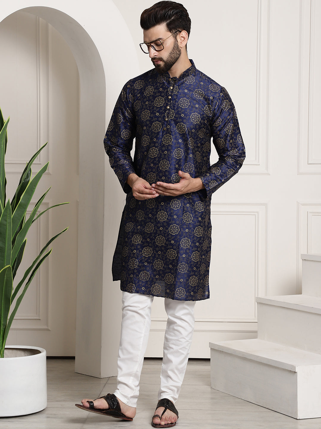 Men's Silk Blend Navy Blue printed Kurta and White Churidar Pyjama Set