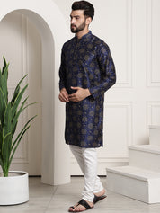 Men's Silk Blend Navy Blue printed Kurta and White Churidar Pyjama Set