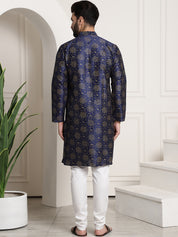 Men's Silk Blend Navy Blue printed Kurta and White Churidar Pyjama Set