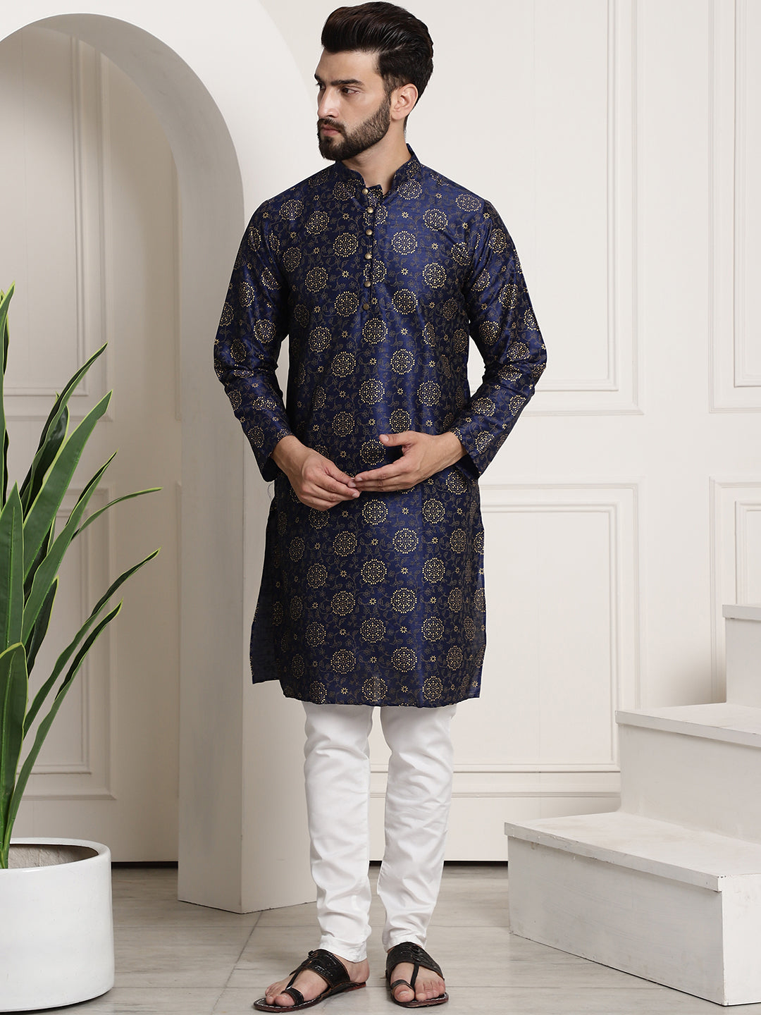 Men's Silk Blend Navy Blue printed Kurta and White Churidar Pyjama Set