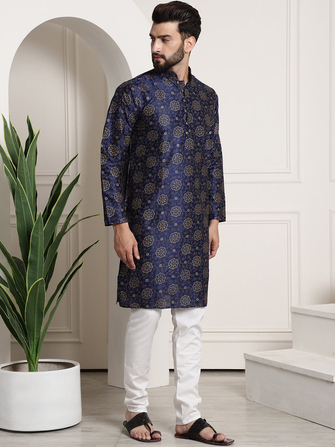 Men's Silk Blend Navy Blue printed Kurta and White Churidar Pyjama Set